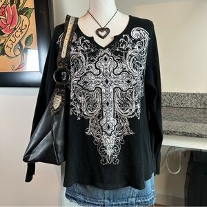 Grunge Goth Cross Bedazzled Black XL Thermal Long Sleeve Shirt